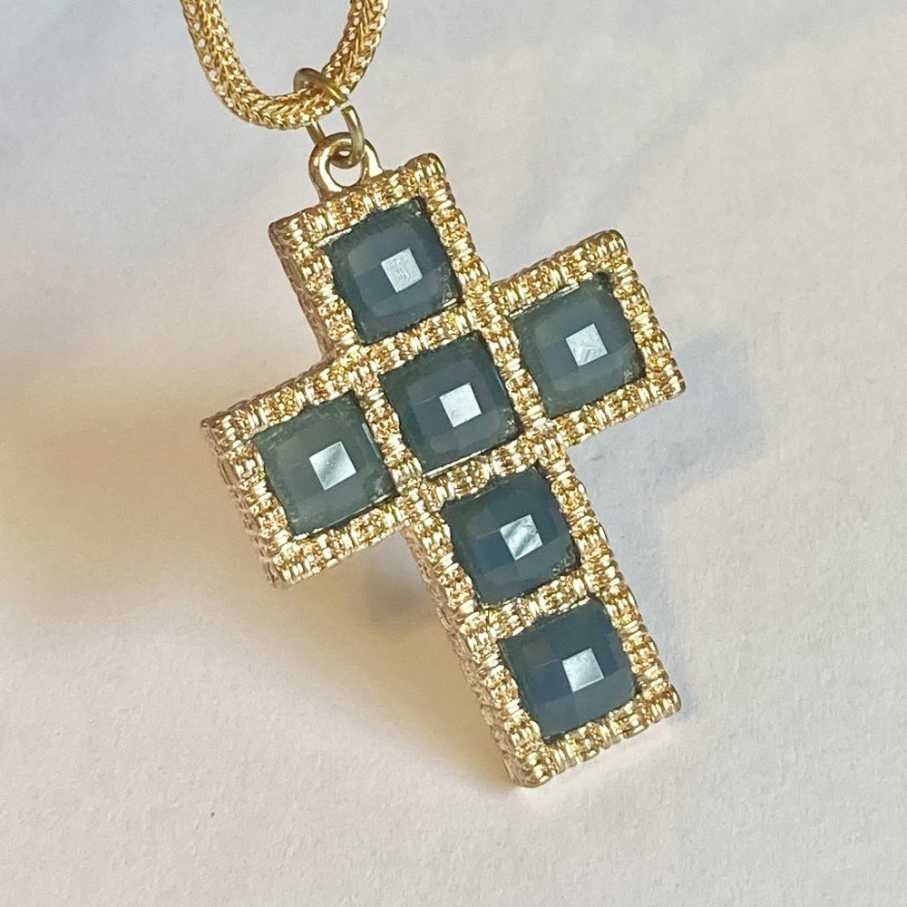 Vintage Gold Cross Pendant Necklace Green Crystal Plated 24" Chain Christian